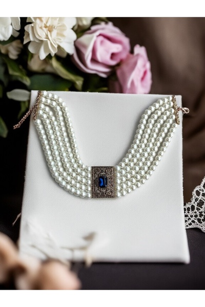 FAYRA ACCESSORIES Elmas Montür Kristal Taşlı İnci Tasma Kolye