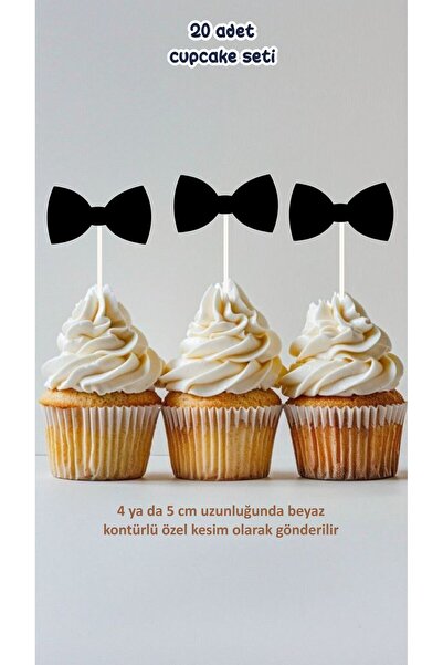 Tasarım Papyon Temalı Cupcake Süsü Pasta Süsü Doğum Günü Süsü 20 adet