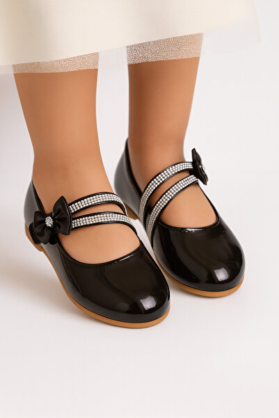 KATEYLER Siyah Çift Taşlı Cırtcırtı Fiyonklu Kız Çocuk Babet