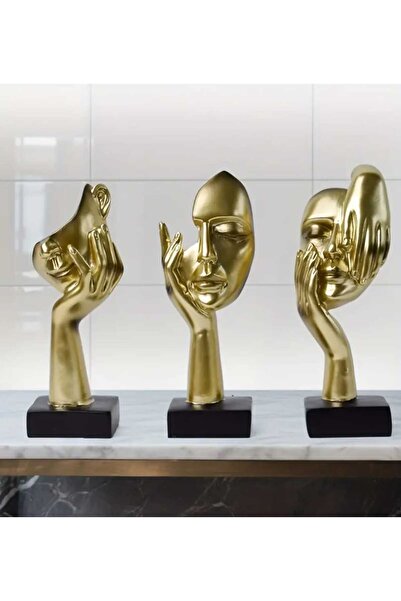 rakaymu 3 Lü El Yapımı Soyut El Yüz Biblo Heykel Dekoratif Obje Seti