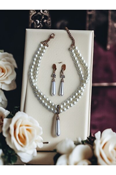 FAYRA ACCESSORIES Kristal Taşlı İnci Sallantılı Tasma İnci Kolye ve İnci Küpe
