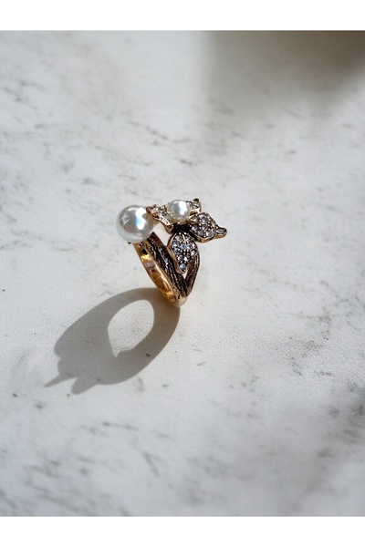 FAYRA ACCESSORIES Kristal Taşlı Çiçek Figürlü İnci Yüzük