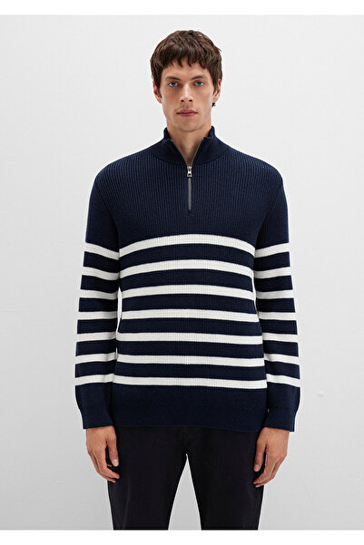 Mavi Yarı Fermuarlı Çizgili Lacivert Kazak Slim Fit / Dar Kesim 0710131-70490