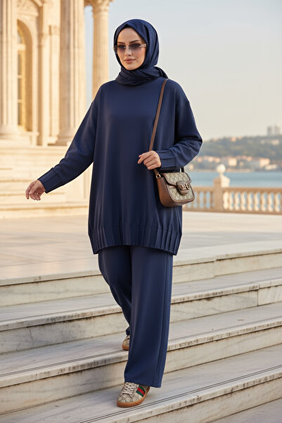 Aselim Hijap Moda Διπλό Σετ Τζιλάμπας από Πλισέ Υφασμάτινο Μοντάλ Premium Alisa – Σκούρο Μπλε