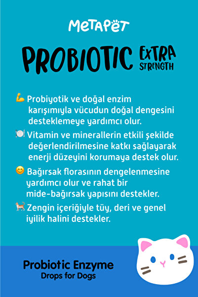 Metapet Kediler için Probiyotik Damla, Güçlü Sıvı Enzim Form, Suyuna veya Mamasına