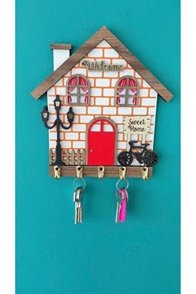 LuxuryConcept 3 Boyutlu Ev Desenli Çelik Kancalı Anahtarlık -Modern Duvar Sanatı-Ahşap Akrilik Ev Ofis Dekoru