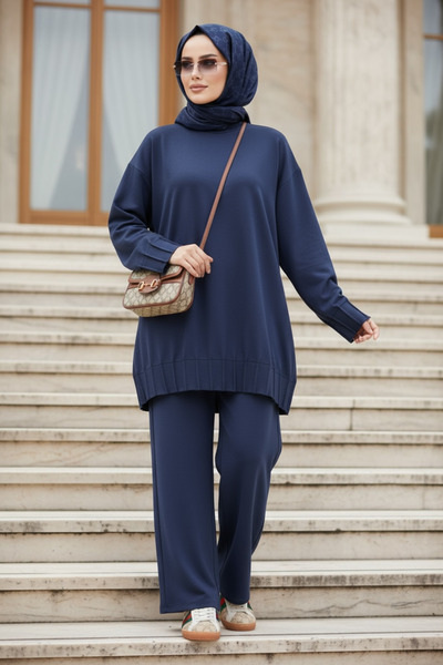 Aselim Hijap Moda Διπλό Σετ Τζιλάμπας από Πλισέ Υφασμάτινο Μοντάλ Premium Alisa – Σκούρο Μπλε