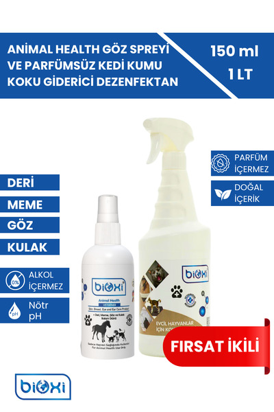 Bioxi Animal Health Göz Spreyi 150ml Ve Parfümsüz Kedi Kumu Koku Giderici Dez...