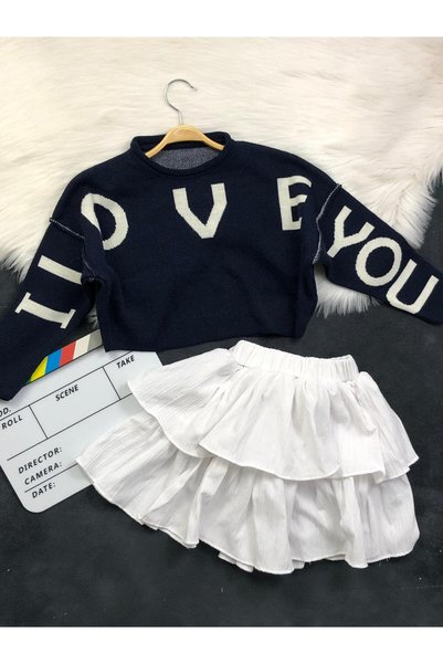 zavera for kids Girl's'I Love You' Written Knit Sweater and Flared White Skirt Set - 100% Cotton