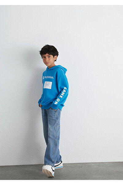 Mavi PlayStation Baskılı Kapüşonlu Sweatshirt 6S10131-70772