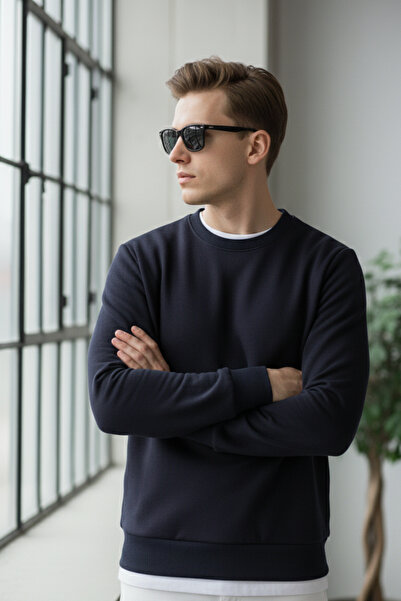 Elemge Βαμβακερό ανδρικό φούτερ Navy Blue Soft Touch Relax Fit Basic Crew Neck 3 Thread Αναπνεύσιμο