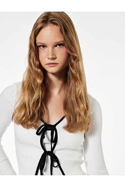 Koton Slim Fit Long Sleeve Tie Neck Bow T-Shirt