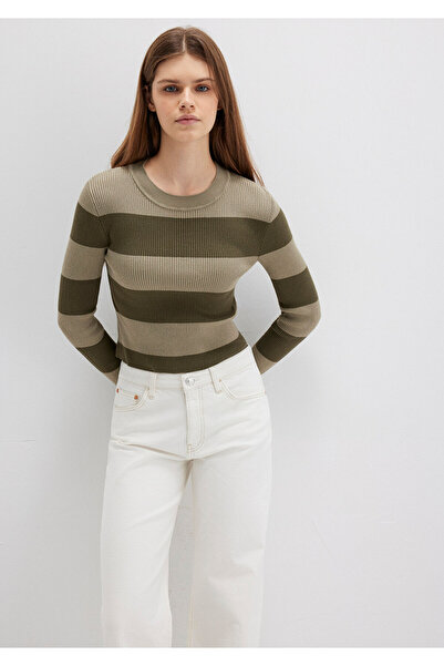 Mavi Blok Renkli Haki Kazak Crop / Kısa Kesim 1710724-90943