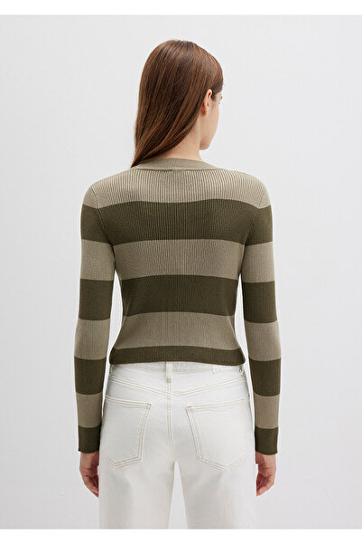 Mavi Blok Renkli Haki Kazak Crop / Kısa Kesim 1710724-90943