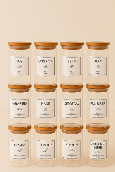 KaiHome طقم توابل زجاجي 12 قطعة بغطاء مفرغ من الخيزران + 12 ملعقة خشبية