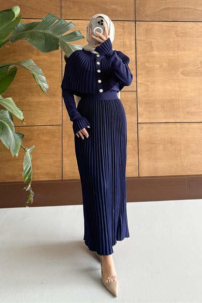 Rimel Moda Kelebek Piliseli Elbise Takım Lacivert