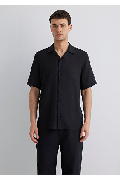 Mavi Siyah Keten Gömlek Regular Fit / Normal Kesim 0211474-900