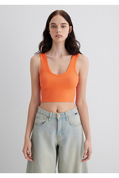 Mavi V Yaka Turuncu Basic Crop Atlet Crop / Kısa Kesim 1612375-71272