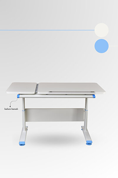 Creo Mobili Vega Simple Okul Ders Masası Yükseklik Ayarlı ve Eğimli Çalışma Masası - 130x70 Cm, Ekru/Mavi