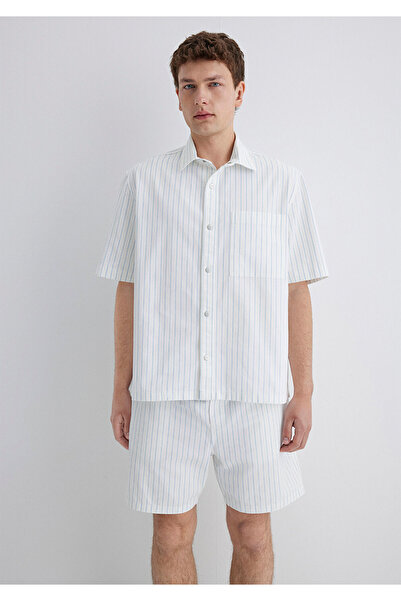 Mavi Çizgili Beyaz Gömlek Oversize / Geniş Kesim 0211485-85440