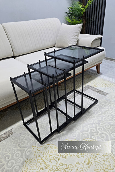 SEVİNÇ KONSEPT 3'lü SİYAH C Sehpa, FÜME Güvenilir 6 mm Kalın Camlı, Çok Amaçlı Metal Zigon Sehpa