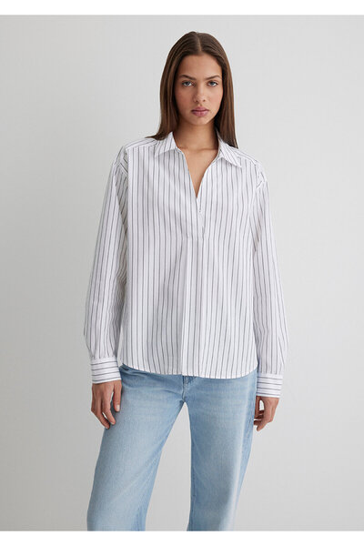 Mavi Antrasit Çizgili Beyaz Gömlek Loose Fit / Bol Rahat Kesim 1211226-86678
