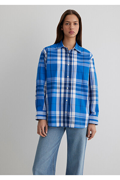 Mavi Kareli Mavi Gömlek Oversize / Geniş Kesim 1211229-90845