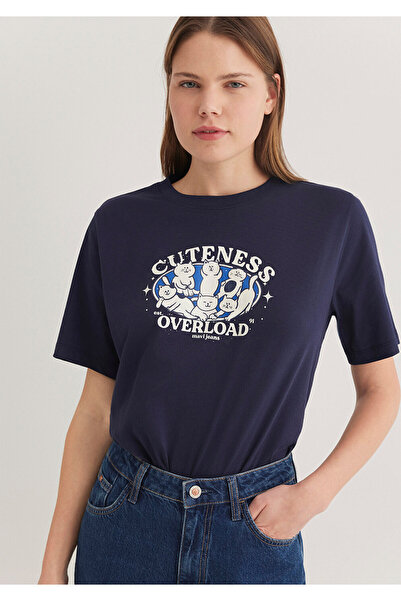 Mavi Kedi Baskılı Lacivert Tişört Regular Fit / Normal Kesim 1612944-84371