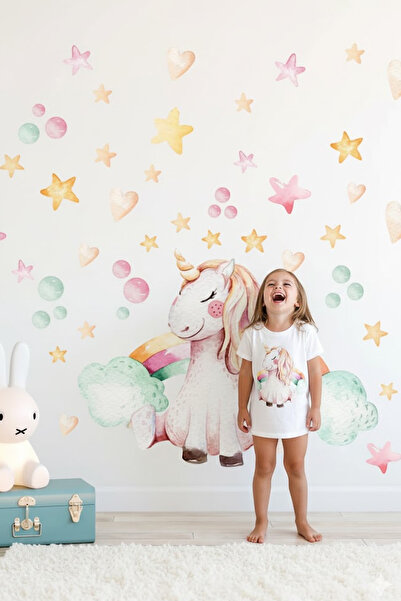 Kt Grup Kız Çocuk Odası Unicorn Rüyası Renkli Puantiye Yıldızlar Ve Kalpler Duvar Sticker Seti