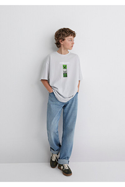 Mavi Minecraft Baskılı Gri Tişört Oversize / Geniş Kesim 6610344-80618