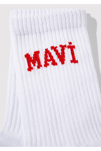 Mavi Logo Detaylı Beyaz Soket Çorap 1912726-20454