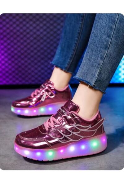 huitich Pink Double-Wheel LED Roller Skate Shoes for Kids – Deformable Sneakers Size 30 / Inner Length 20c