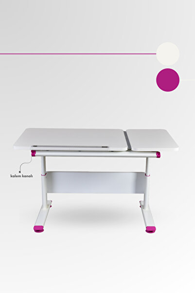 Creo Mobili Vega Simple Kız Çocuk Odası Çalışma Masası Yükseklik ve Eğim Ayarlı Masa - 130x70 Cm, Ekru/Fuşya