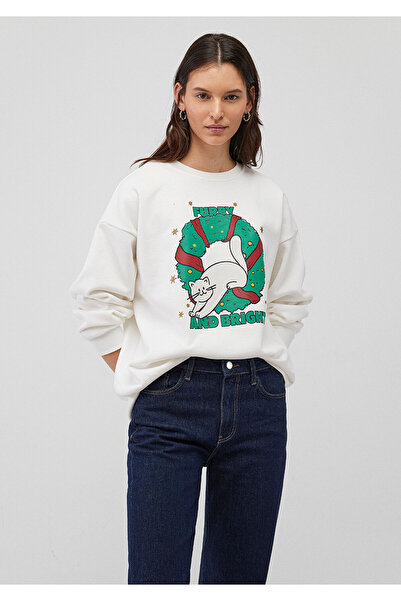 Mavi Yılbaşı Kedi Baskılı Beyaz Sweatshirt 1S10332-70057