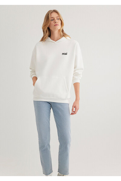 Mavi Logo Baskılı Kapüşonlu Ekru Sweatshirt 1S10243-70057