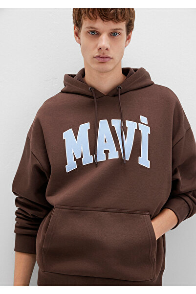 Mavi Logo Baskılı Kapüşonlu Kahverengi Sweatshirt 067149-88067