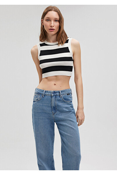 Mavi Çizgili Crop Triko Top Fitted / Vücuda Oturan Kesim 1710098-85407