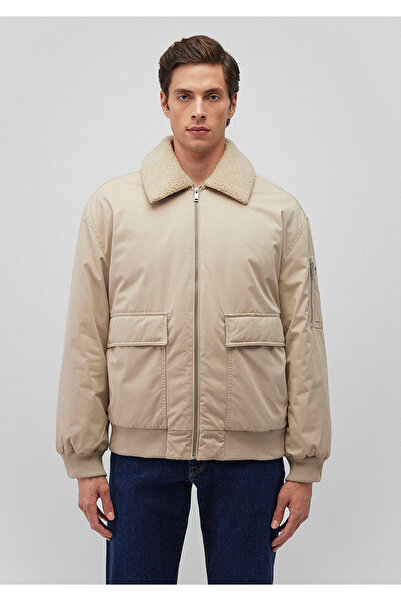 Mavi Dik Yaka Bej Bomber Ceket Oversize / Geniş Kesim 0110465-86559