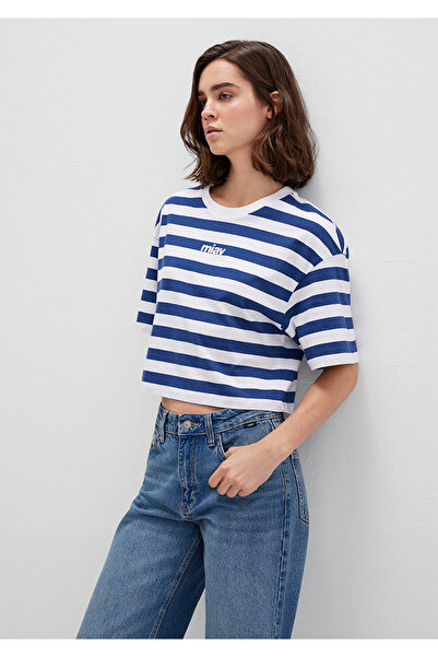 Mavi Miav Baskılı Çizgili Crop Tişört Crop / Kısa Kesim 1612456-87201