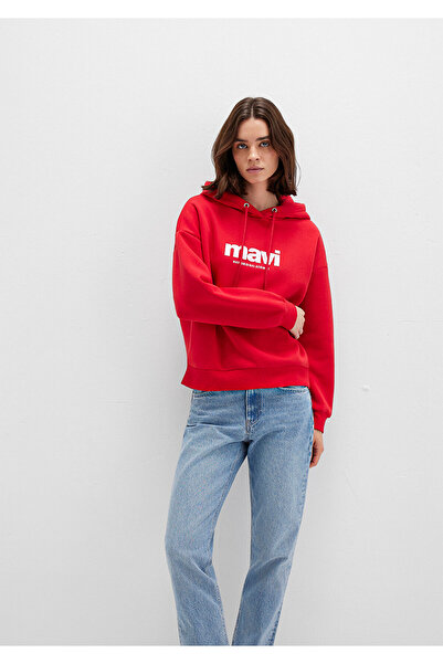 Mavi Logo Baskılı Kapüşonlu Kırmızı Sweatshirt 168334-35476