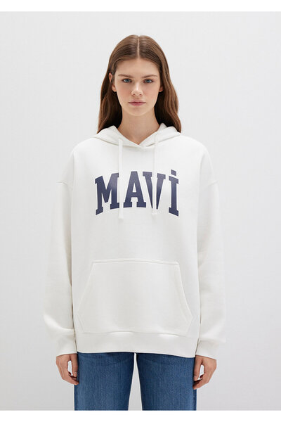 Mavi Logo Baskılı Kapüşonlu Beyaz Sweatshirt 1600361-81964