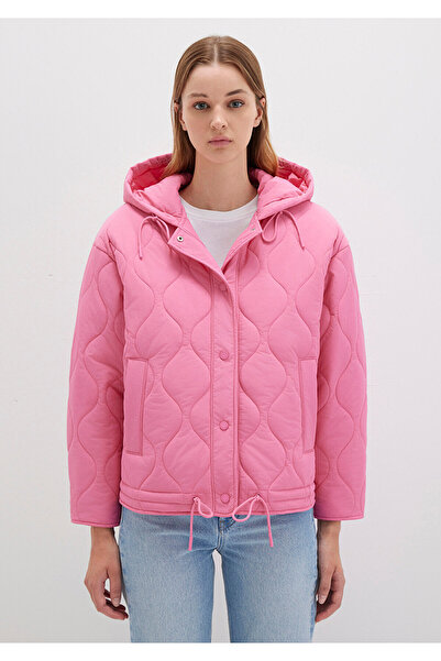 Mavi Kapitone Beli Bağcıklı Pembe Ceket Oversize / Geniş Kesim 1110323-86413