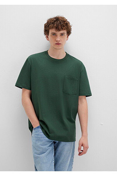 Mavi Cep Detaylı Yeşil Basic Tişört Loose Fit / Bol Rahat Kesim 066248-81570