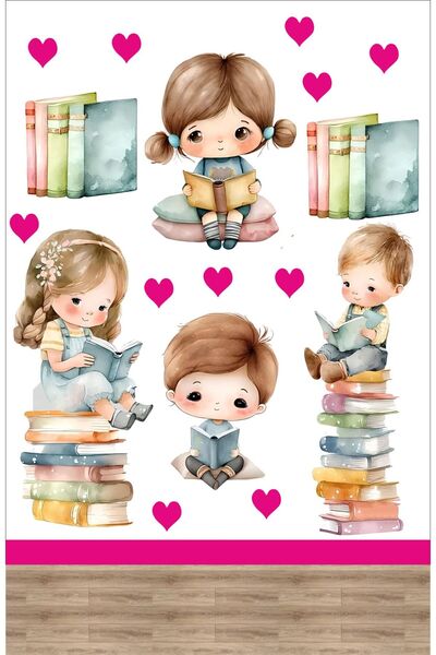 Göktuğ Hediyelik Kitap Okuyan Çocuklar Temalı Okul Kreş Duvar Sticker Seti