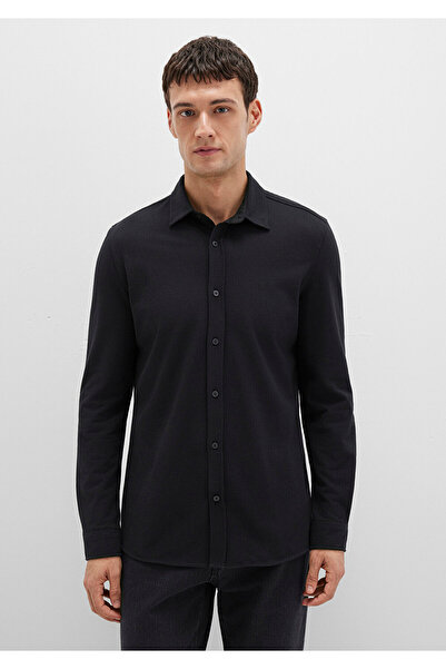 Mavi Siyah Örme Gömlek Fitted / Vücuda Oturan Kesim 0210294-900