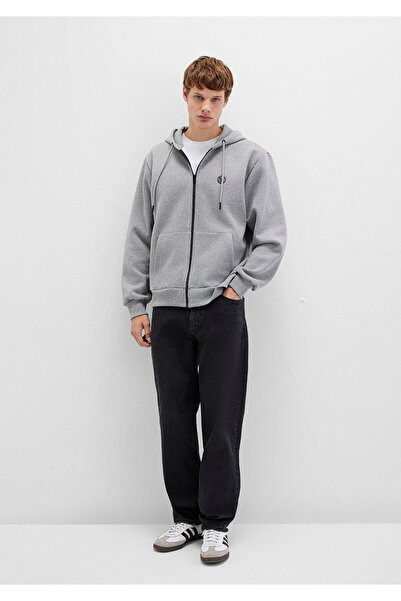 Mavi Logolu Kapüşonlu Fermuarlı Gri Sweatshirt 066979-34686
