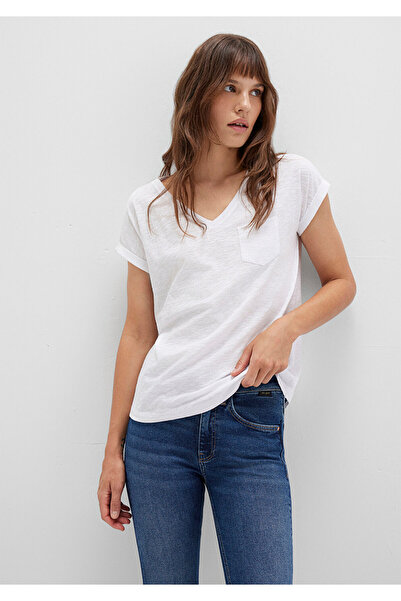 Mavi V Yaka Beyaz Basic Tişört Loose Fit / Bol Rahat Kesim 1600961-620