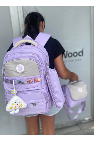 tiny wood Kız Çocuk İlköğretim Çantası Ultra Hafif ilkokul / Ortaokul Okul 3 lü Çanta Seti Pembe-Lila -Gri