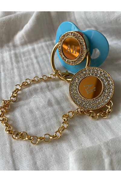 tiny wood İsme Özel Altın Kaplama Zirkon Taşlı Bebek Emzik Seti (0-6 Ay) | Silikon & Damaklı