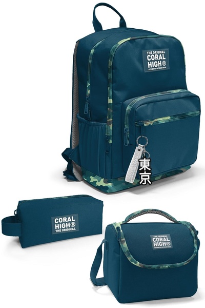 Coral High Nefti Kamuflaj Desenli 3’lü Erkek Okul Çanta Seti, İlköğretim Okul Çantası, Beslenme ve KalemÇantası